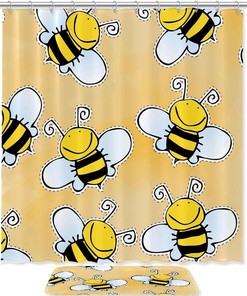 Bees Pattern Shower Curtain Waterproof Fabric Bathroom Design