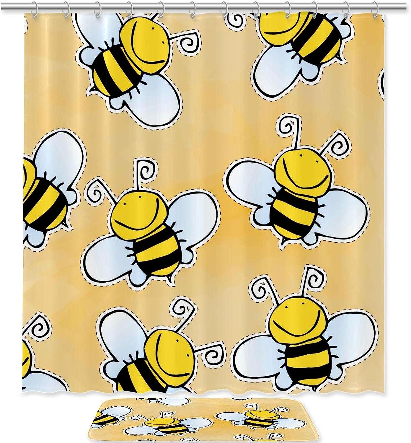 Bees Pattern Shower Curtain Waterproof Fabric Bathroom Design