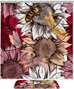 Bees Sunflower Dragonfly Shower Curtain Memory Foam Bathroom Waterproof Fabric