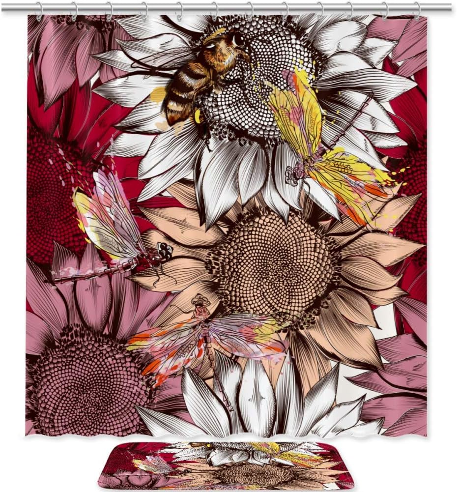 Bees Sunflower Dragonfly Shower Curtain Memory Foam Bathroom Waterproof Fabric