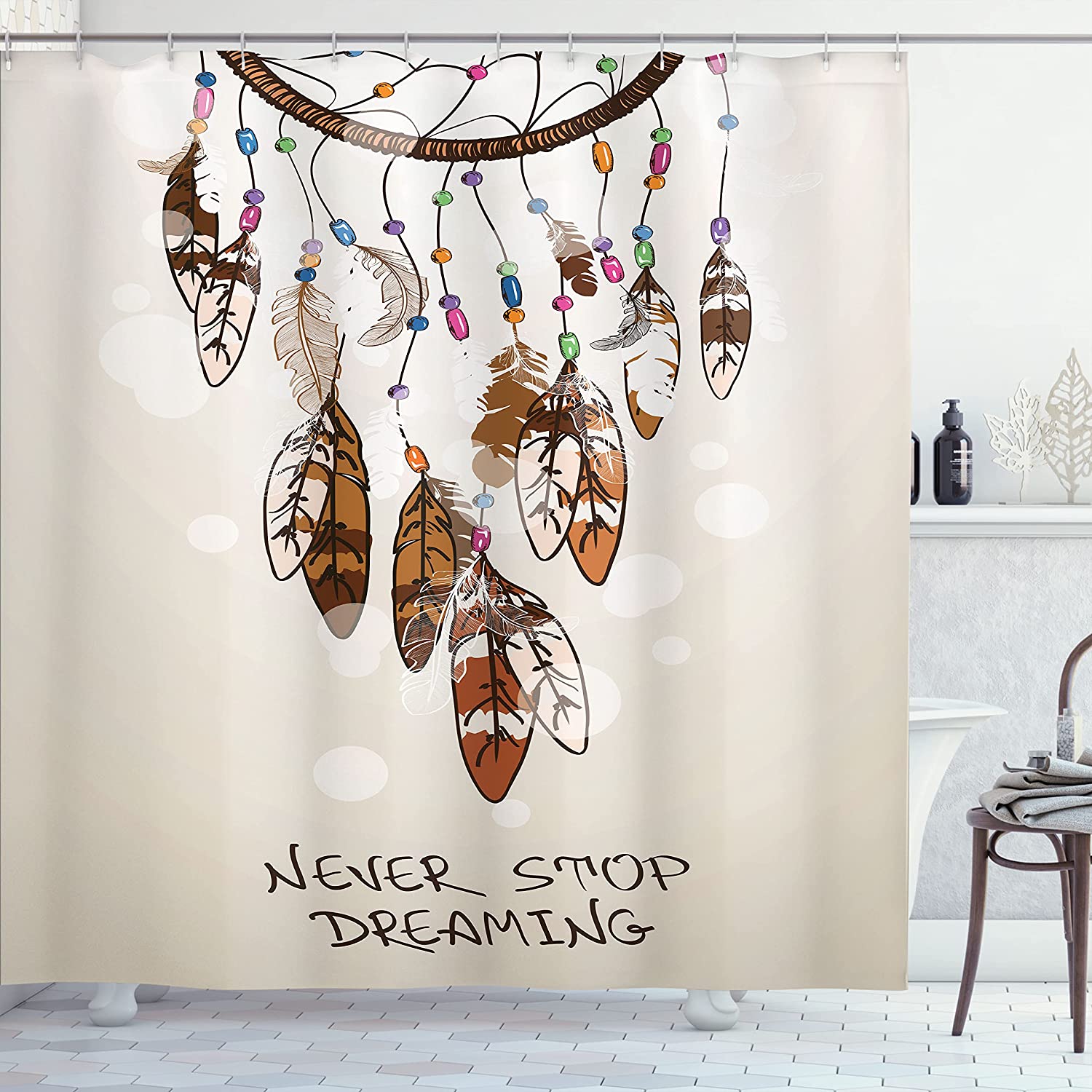 Beige And Brown Dreamcatcher Feathers Typography Bohemian Shower Curtain With Cartoonish Style