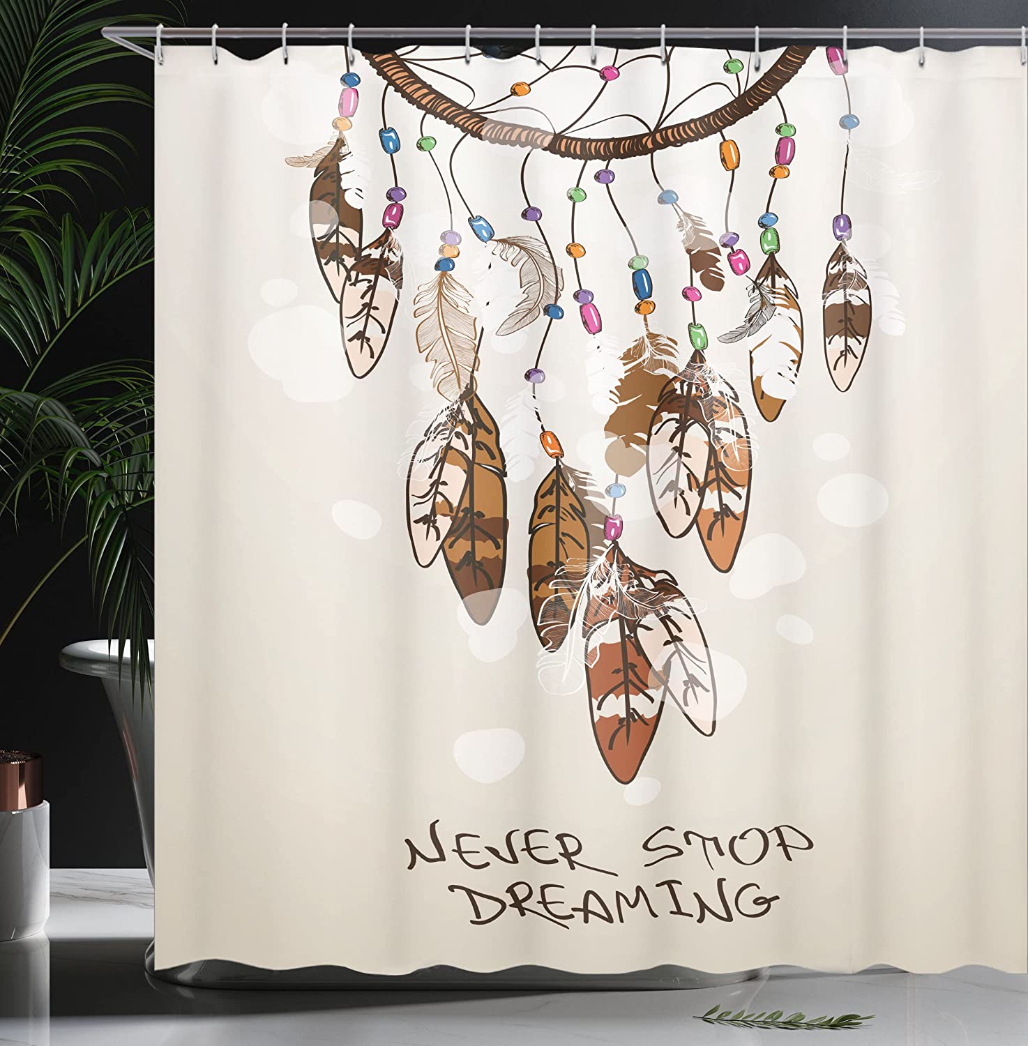 Beige And Brown Dreamcatcher Feathers Typography Bohemian Shower Curtain With Cartoonish Style - Image 3