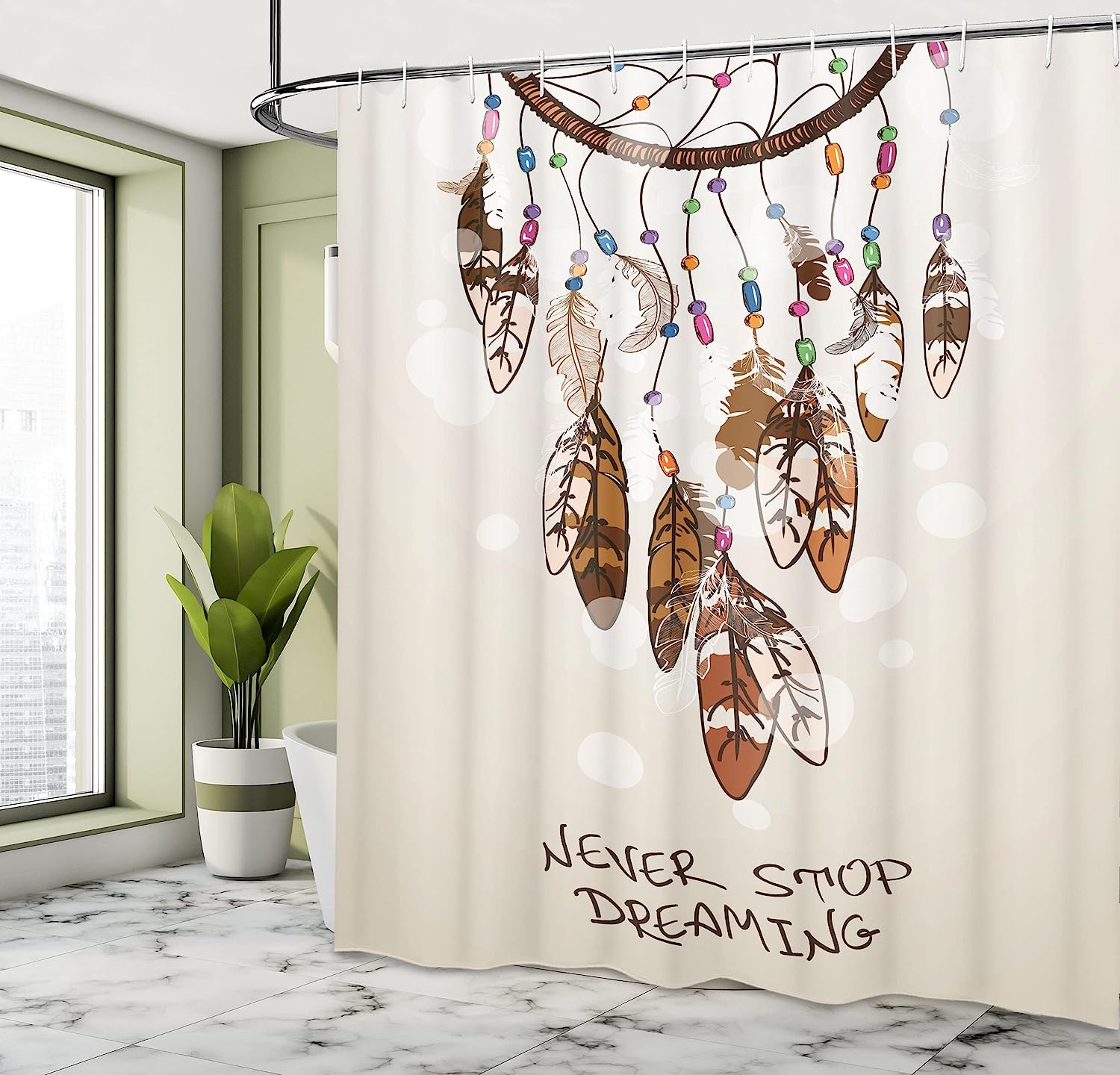 Beige And Brown Dreamcatcher Feathers Typography Bohemian Shower Curtain With Cartoonish Style - Image 4