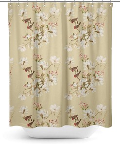 Beige Bird & Magnolia Floral Waterproof Fabric Bathroom Curtain Shower Drapes