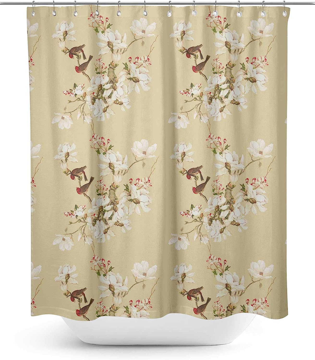 Beige Bird & Magnolia Floral Waterproof Fabric Bathroom Curtain Shower Drapes