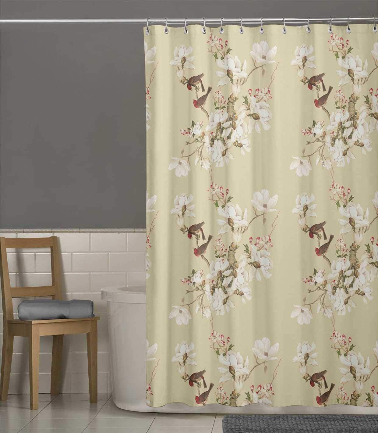 Beige Bird & Magnolia Floral Waterproof Fabric Bathroom Curtain Shower Drapes