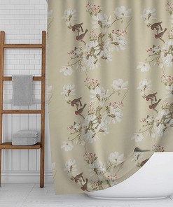 Beige Bird & Magnolia Floral Waterproof Fabric Bathroom Curtain Shower Drapes