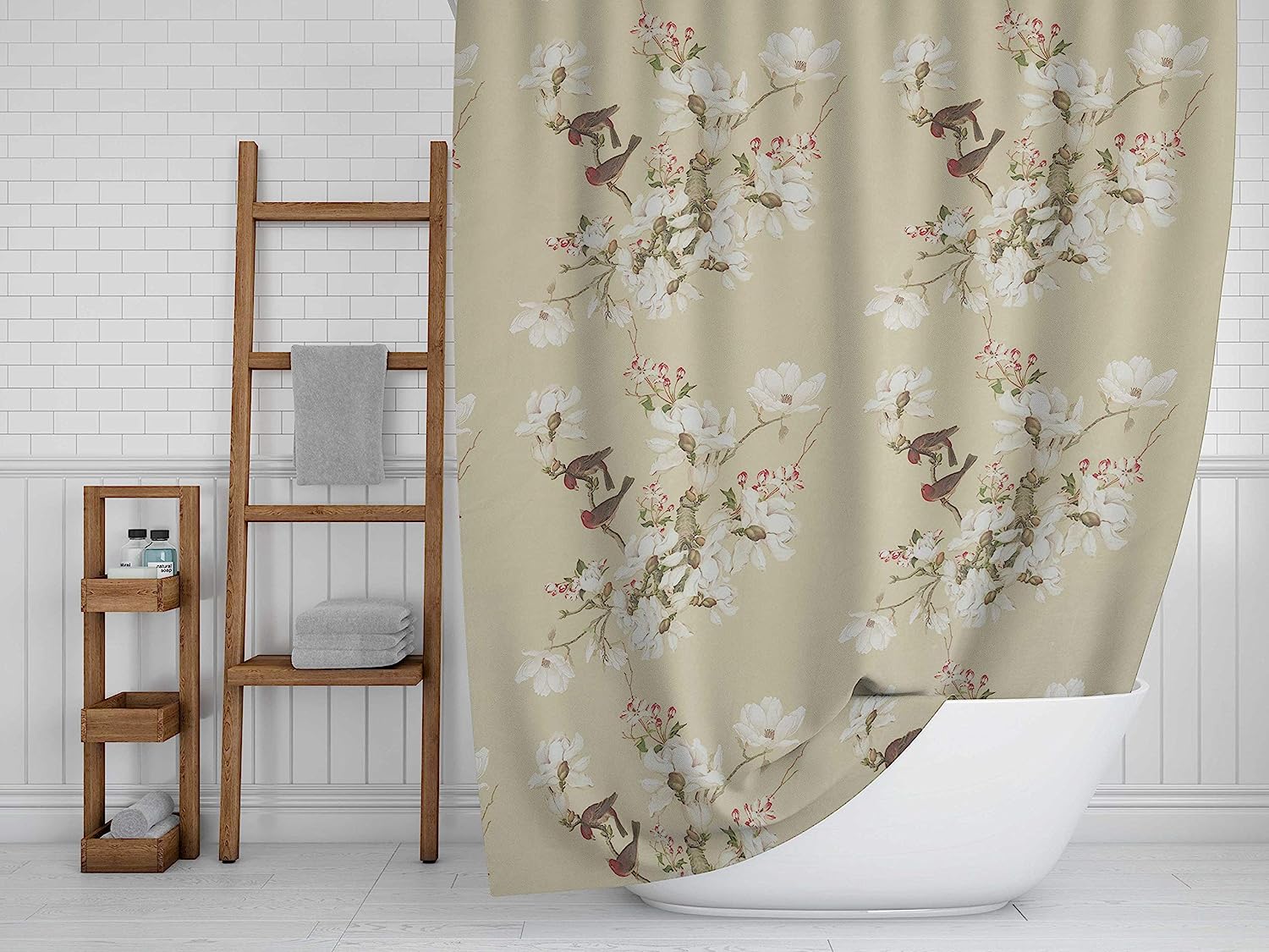 Beige Bird & Magnolia Floral Waterproof Fabric Bathroom Curtain Shower Drapes