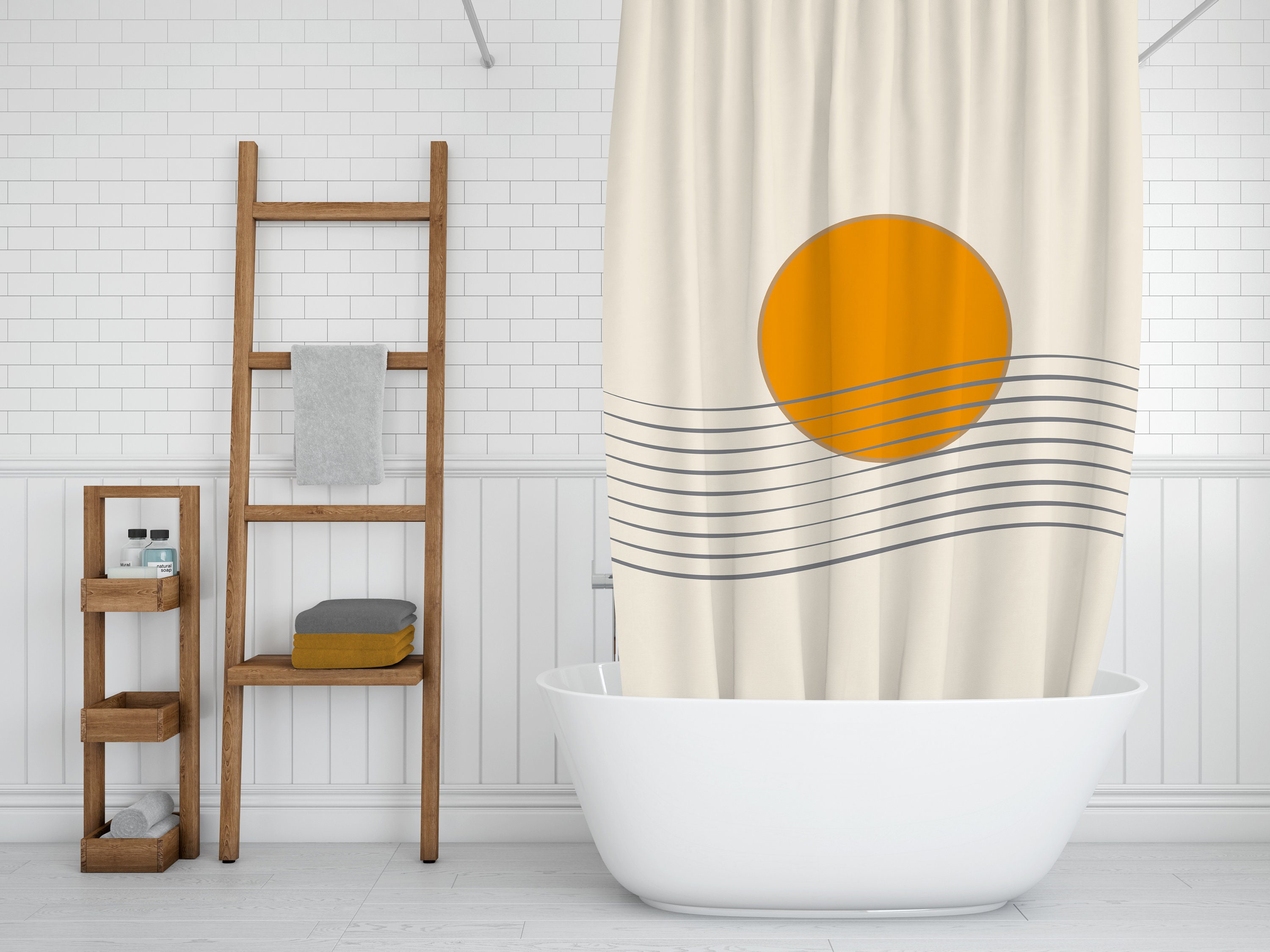 Beige Boho Shower Curtain, Farmhouse Modern Bathroom Decor, Minimalistic Curtain