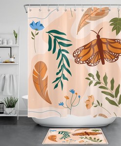 Beige Butterfly Shower Curtain Set, Mid-Century Minimalist Bathroom Accessories with Contemporary Boho Style
