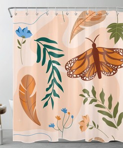 Beige Butterfly Shower Curtain Set, Mid-Century Minimalist Bathroom Accessories with Contemporary Boho Style