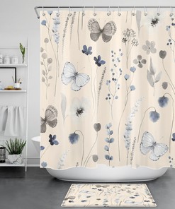 Beige Floral Butterfly Leaf Print Shower Curtain