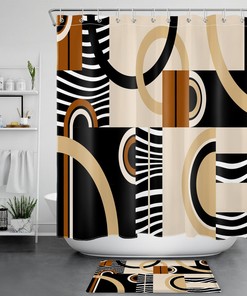 Beige Geometric Striped Shower Curtain, Black And White Bathroom Decor, Modern Curtain