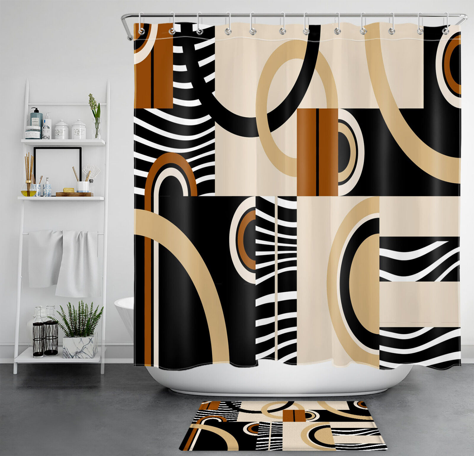 Beige Geometric Striped Shower Curtain, Black And White Bathroom Decor, Modern Curtain