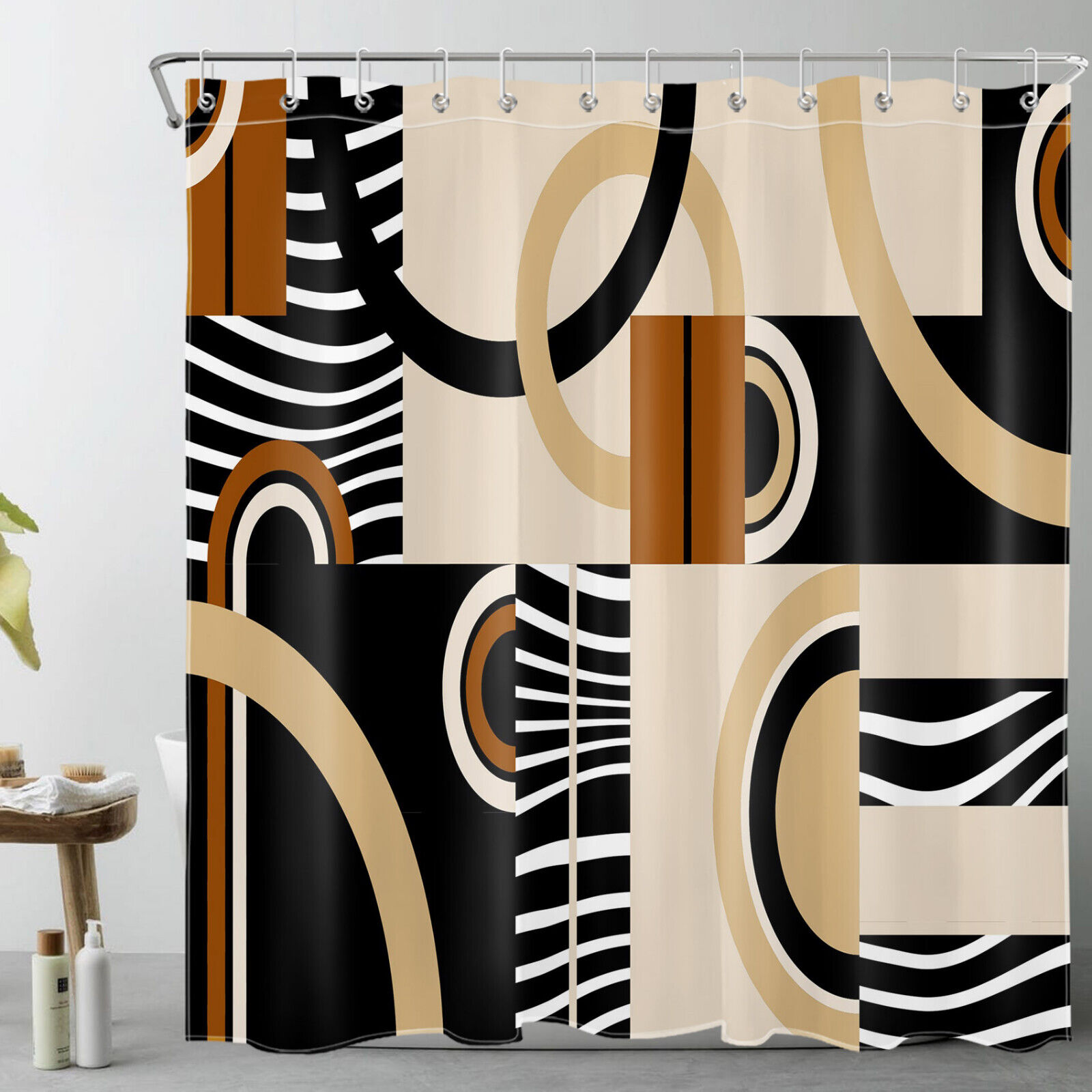 Beige Geometric Striped Shower Curtain, Black And White Bathroom Decor, Modern Curtain - Image 2