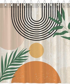 Beige Mid Century Abstract Shower Curtain With Arch Sun Prints For A Minimalistic Bathroom