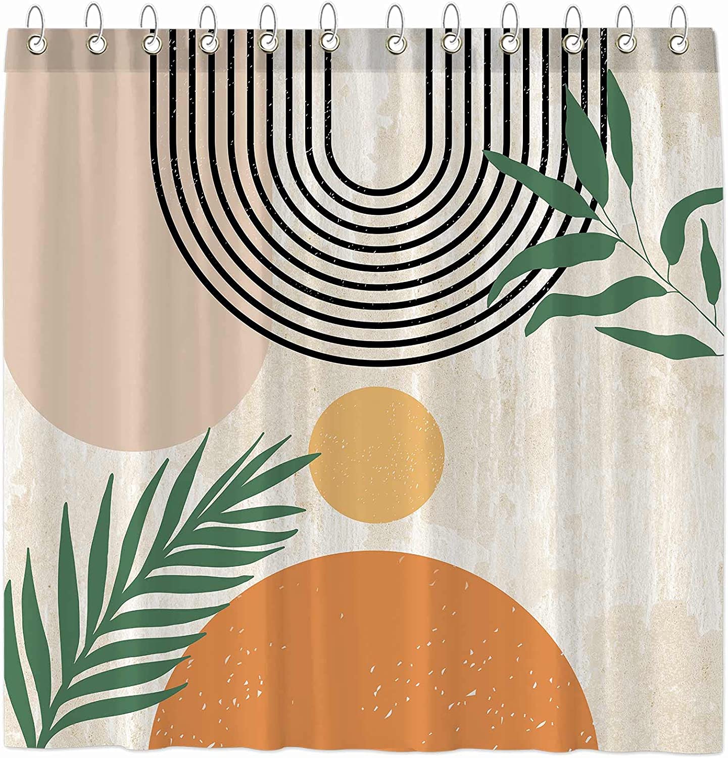 Beige Mid Century Abstract Shower Curtain With Arch Sun Prints For A Minimalistic Bathroom