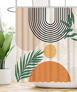 Beige Mid Century Abstract Shower Curtain With Arch Sun Prints For A Minimalistic Bathroom