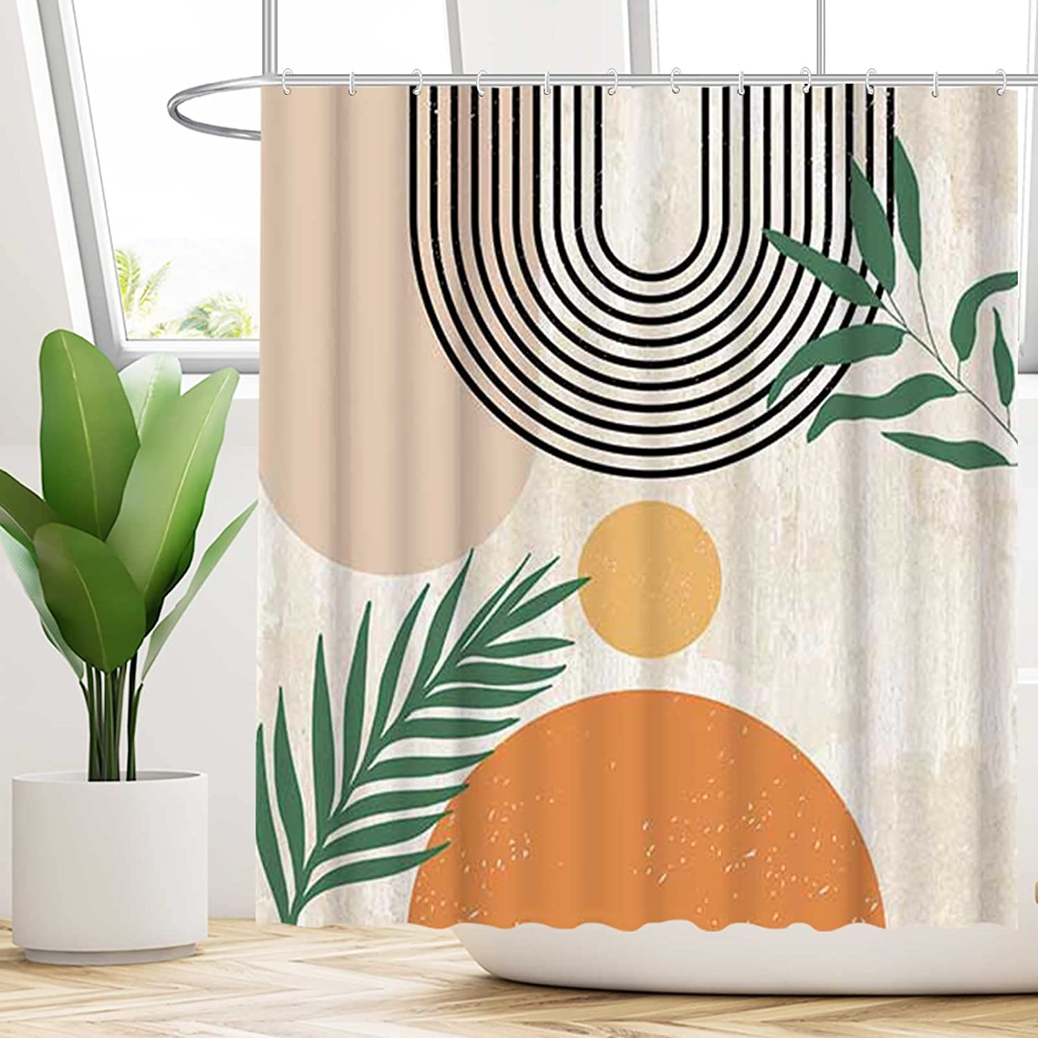 Beige Mid Century Abstract Shower Curtain With Arch Sun Prints For A Minimalistic Bathroom