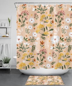 Beige Shower Curtain With White Flower And Green Leaf Print - Perfect For A Serene And Peaceful Bathroom Decor