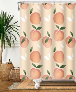 Beige Summer Leaf Watercolor Shower Curtain, Fruit Leaves Bathroom Decor, Colorful Waterproof Cloth Curtain