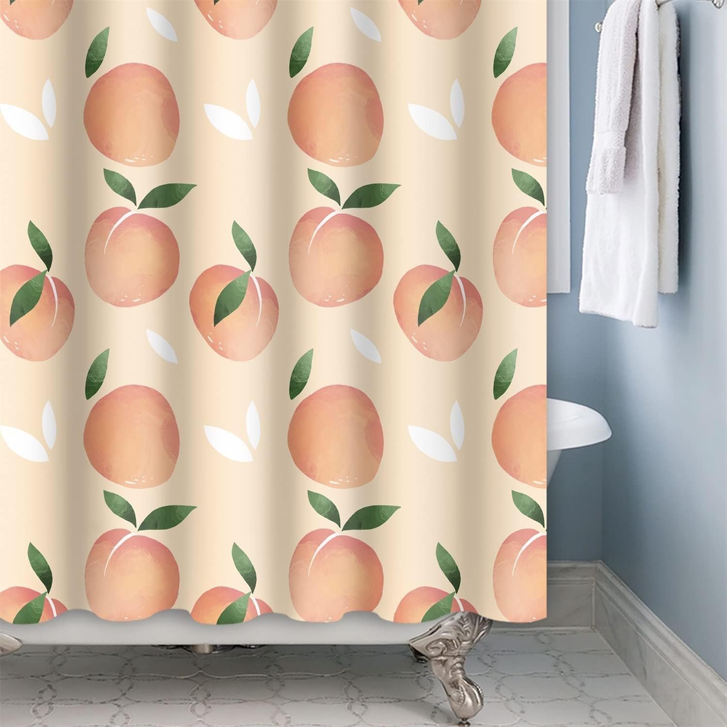 Beige Summer Leaf Watercolor Shower Curtain, Fruit Leaves Bathroom Decor, Colorful Waterproof Cloth Curtain - Image 2