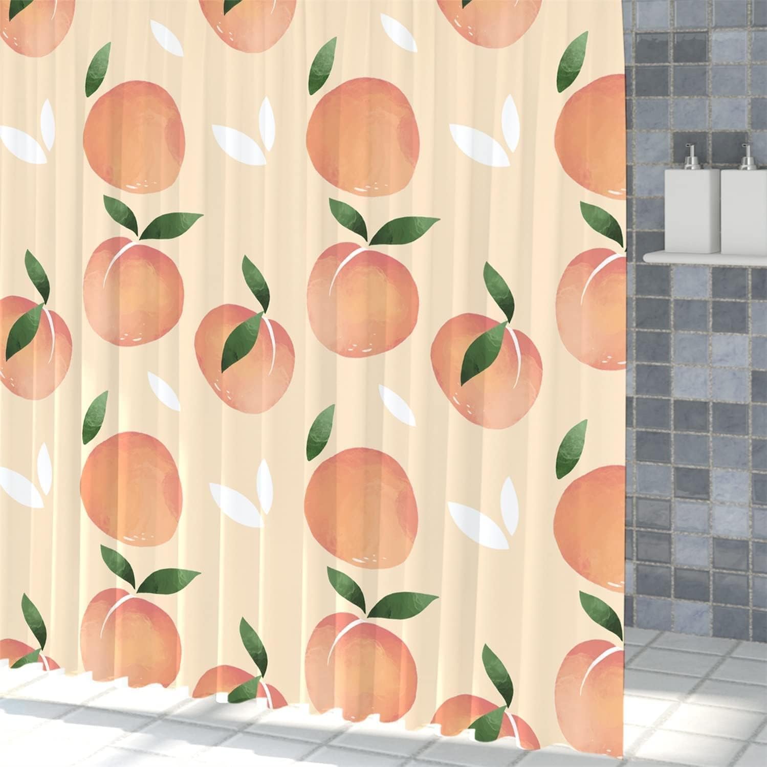 Beige Summer Leaf Watercolor Shower Curtain, Fruit Leaves Bathroom Decor, Colorful Waterproof Cloth Curtain - Image 3