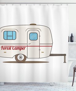 Beige White Vintage Van Recreational Caravan Travelers Truck On The Road Retro Graphic Design Shower Curtain