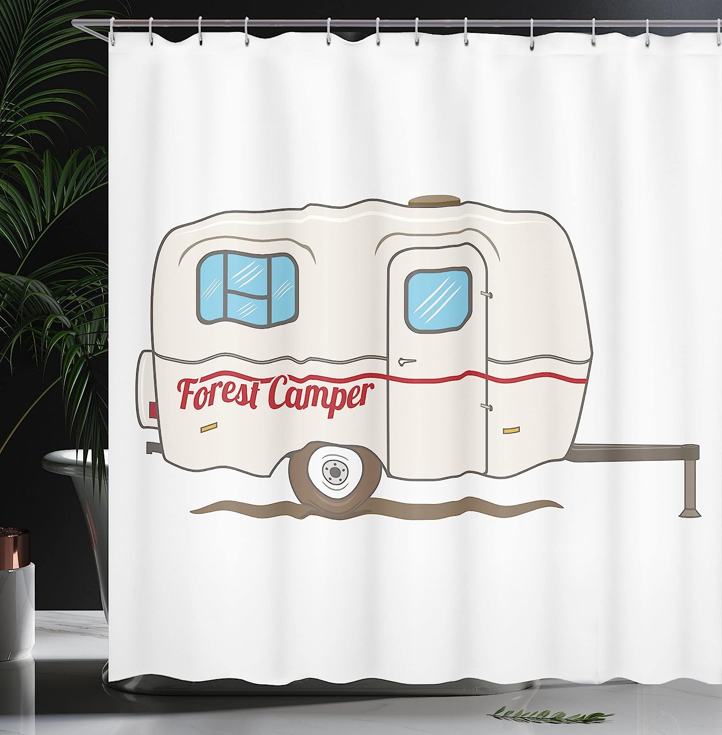 Beige White Vintage Van Recreational Caravan Travelers Truck On The Road Retro Graphic Design Shower Curtain - Image 3