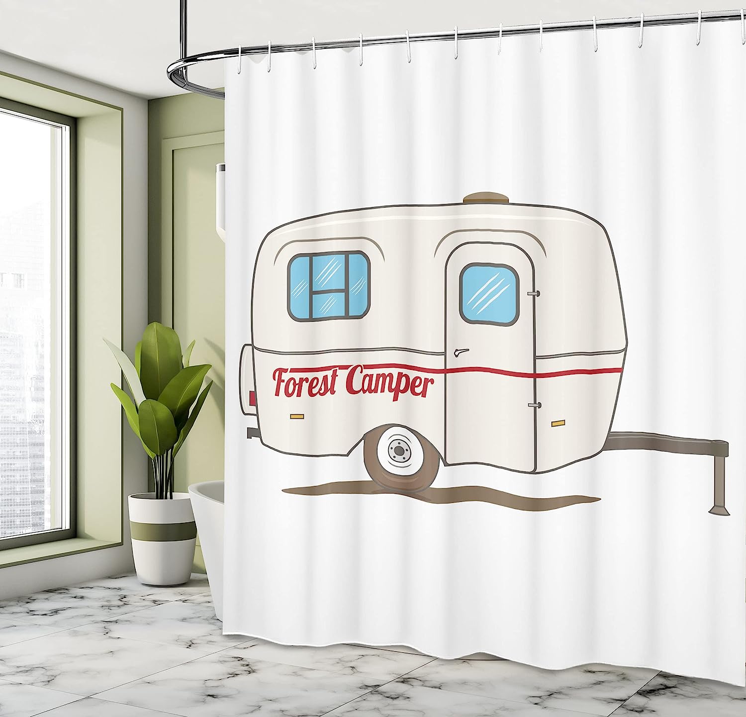 Beige White Vintage Van Recreational Caravan Travelers Truck On The Road Retro Graphic Design Shower Curtain - Image 4