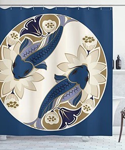 Beings of Times Ying Yang Koi Fish Shower Curtain, Cloth Fabric Bathroom Decor with Flower Beds in Full Size 