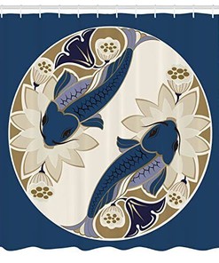 Beings of Times Ying Yang Koi Fish Shower Curtain, Cloth Fabric Bathroom Decor with Flower Beds in Full Size