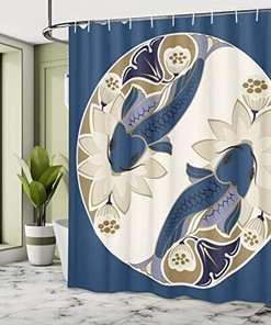 Beings of Times Ying Yang Koi Fish Shower Curtain, Cloth Fabric Bathroom Decor with Flower Beds in Full Size 