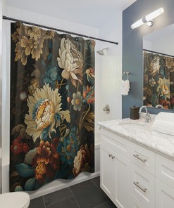 Belgian Jacquard Woven Floral Shower Curtain with Multicolored Flowers