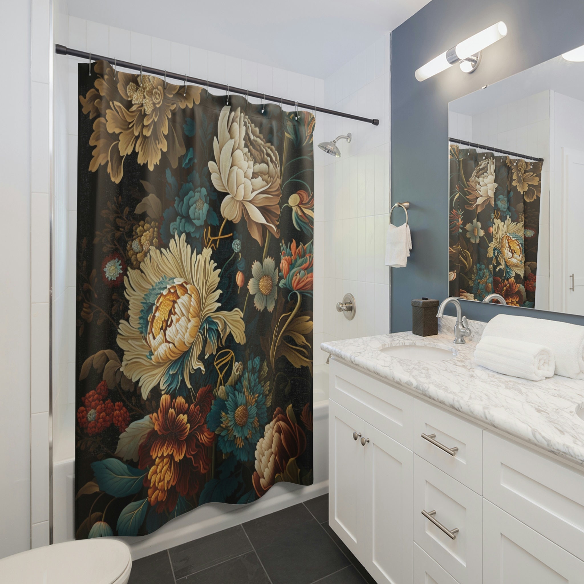 Belgian Jacquard Woven Floral Shower Curtain with Multicolored Flowers