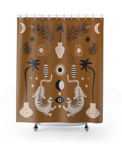 Bengal Tiger Boho Shower Curtain, Tropical Leaves Bathroom Decor, Earth Tones Curtain