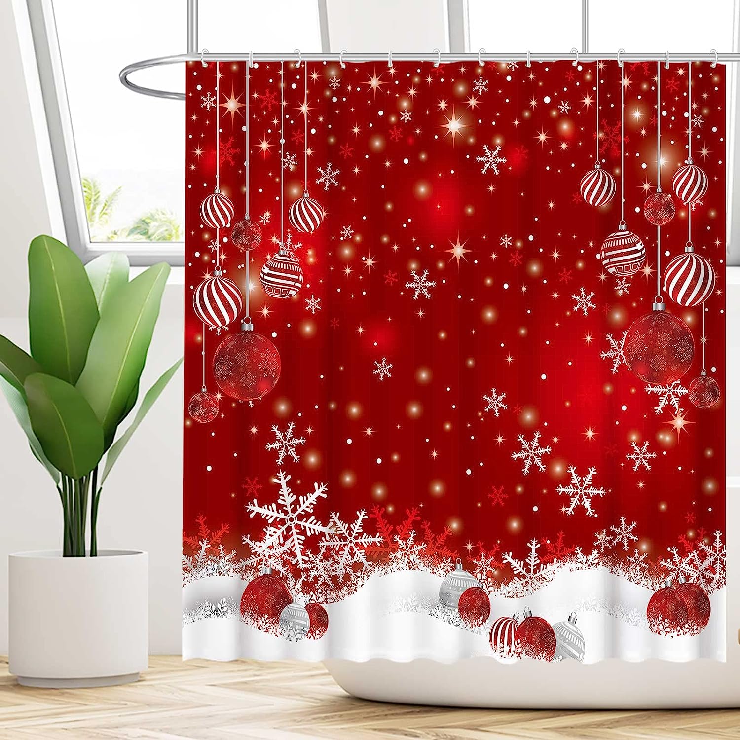 Best Christmas Snowflakes Shower Curtain Set 12 Hooks Merry Xmas Glitter Sparkle Bokeh Bathroom Decor