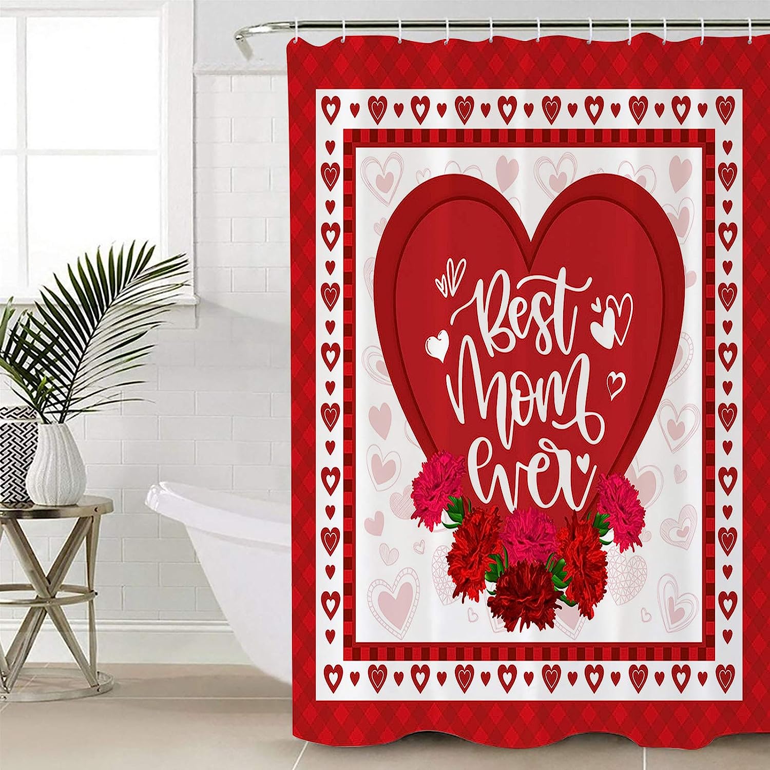 Best Mom Ever Red Plaid Heart Shower Curtain - Loving Bathroom Decor