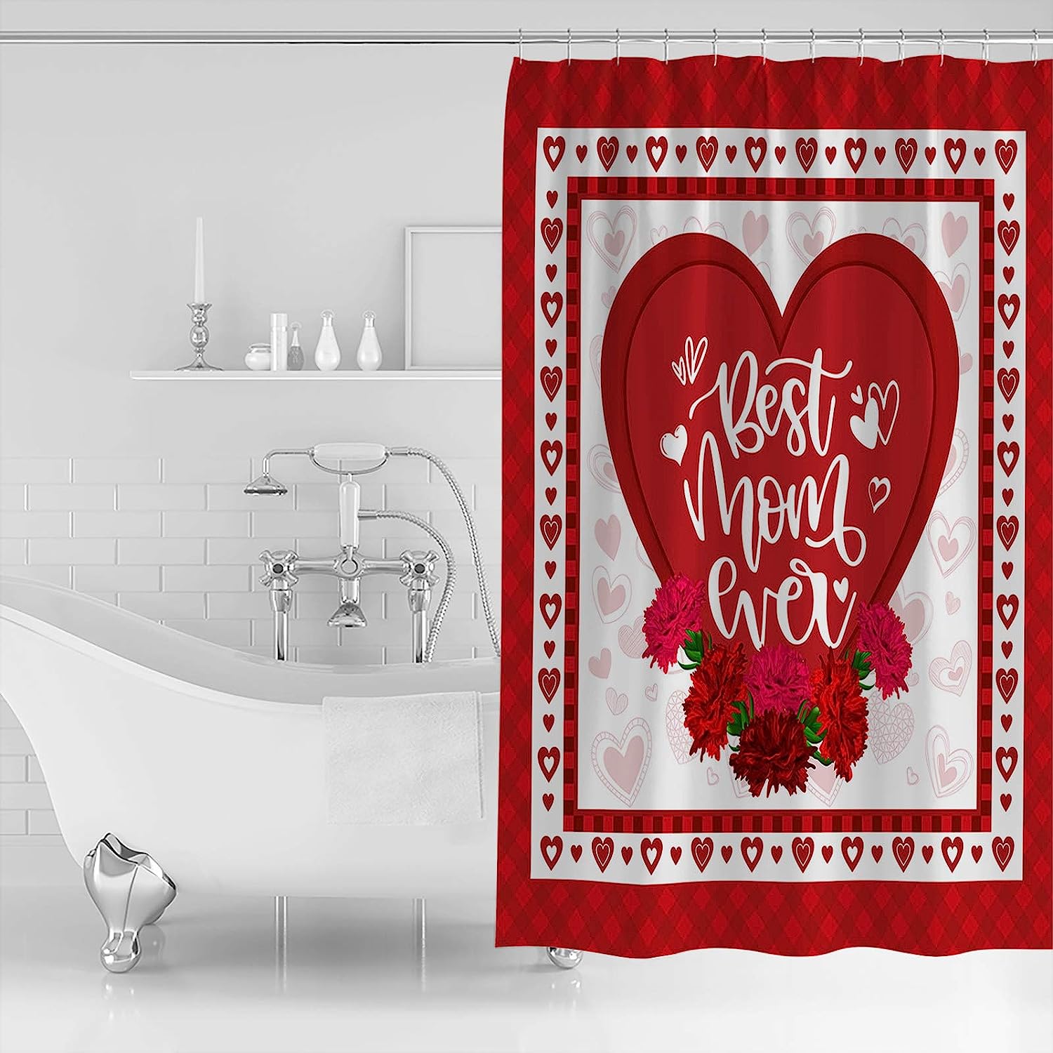 Best Mom Ever Red Plaid Heart Shower Curtain - Loving Bathroom Decor