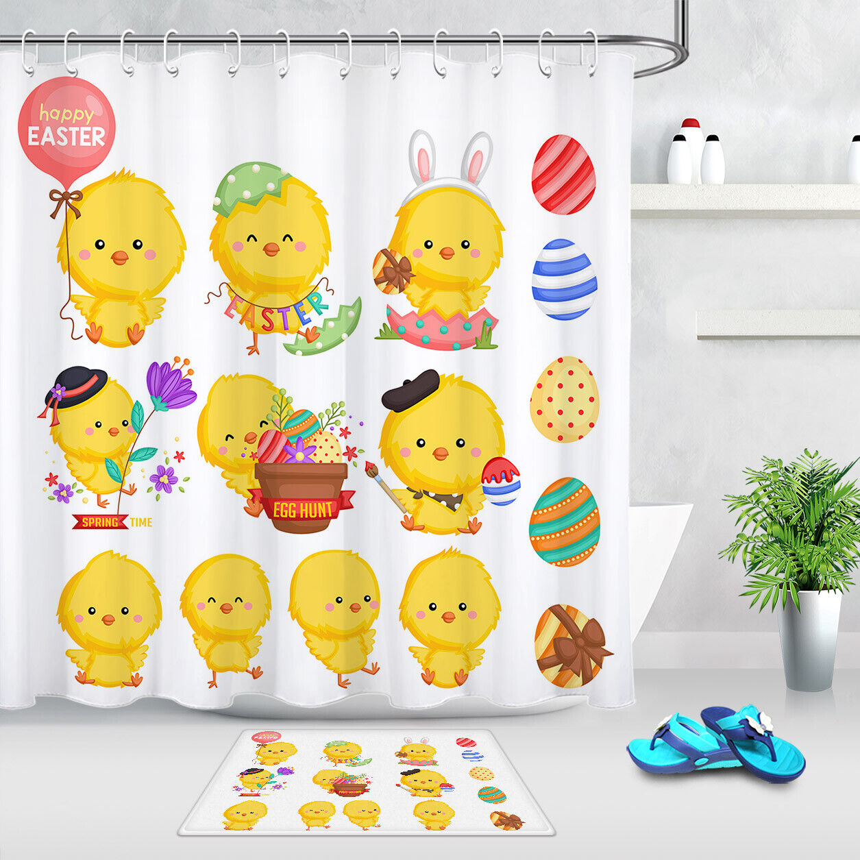 Best Shower Curtain With Easter Eggs & Cartoon Rabbit - Festive Bathroom Decor
