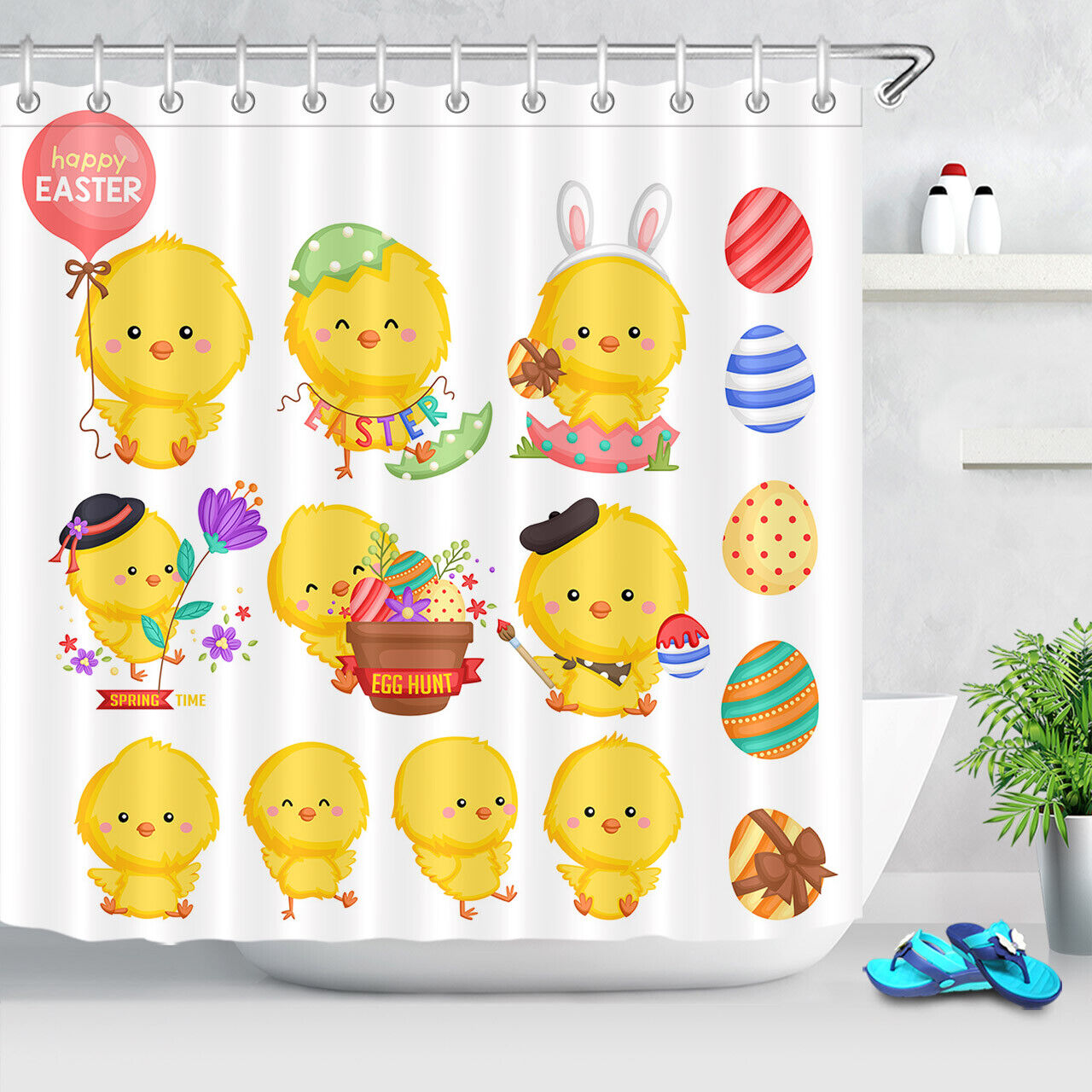 Best Shower Curtain With Easter Eggs & Cartoon Rabbit - Festive Bathroom Decor