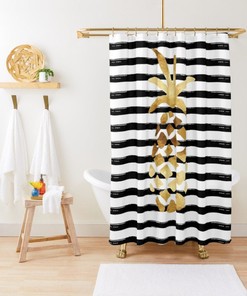 Best Shower Curtains - Pineapple and Stripes Gold Black and White Curtain Full Size
