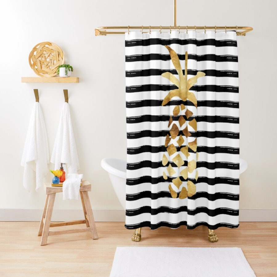 Best Shower Curtains - Pineapple and Stripes Gold Black and White Curtain Full Size
