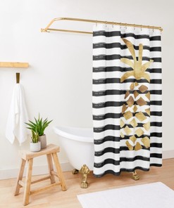 Best Shower Curtains - Pineapple and Stripes Gold Black and White Curtain Full Size