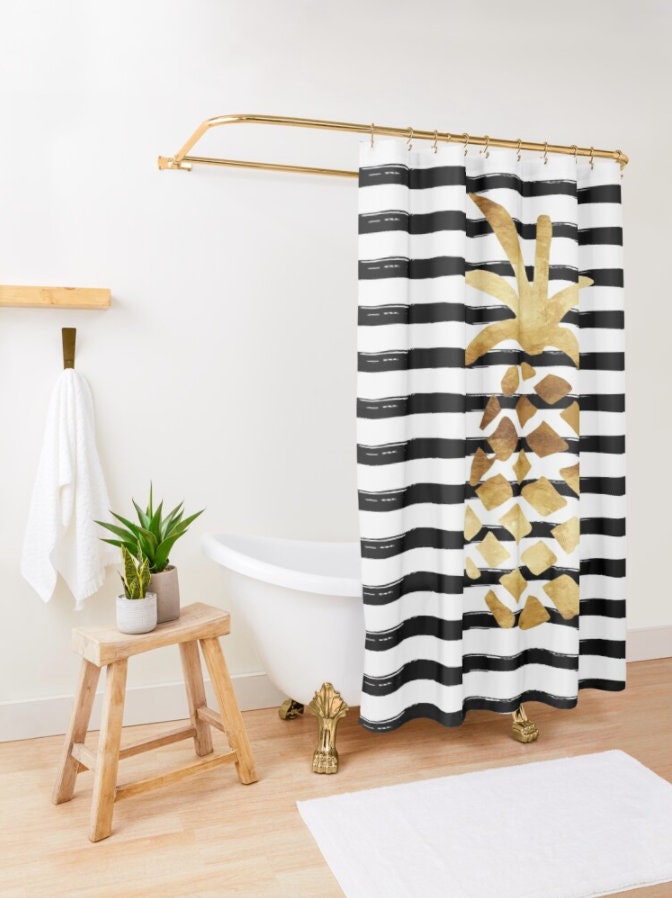 Best Shower Curtains - Pineapple and Stripes Gold Black and White Curtain Full Size
