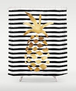 Best Shower Curtains - Pineapple and Stripes Gold Black and White Curtain Full Size