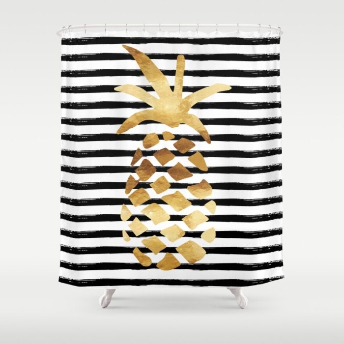 Best Shower Curtains - Pineapple and Stripes Gold Black and White Curtain Full Size