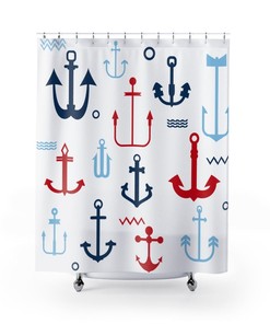 Best-Selling Nautical Shower Curtain with Anchors, Red White and Blue, Ocean Theme - Decorate Your Bathroom