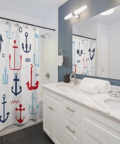 Best-Selling Nautical Shower Curtain with Anchors, Red White and Blue, Ocean Theme - Decorate Your Bathroom
