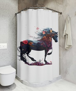 Beyond Animals Black Horse Sherpa Shower Curtain, Unique Horse Curtain For Restrooms, Waterproof Fabric